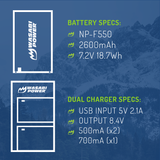 Sony NP-F330, NP-F530, NP-F550, NP-F570 (L Series) Battery (2-Pack) and Micro USB Dual Charger by Wasabi Power