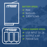 GoPro MAX, ACDBD-001, ACBAT-001 Battery (2-Pack) and Triple Charger by Wasabi Power