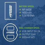 Fujifilm NP-W126, NP-W126S Battery (3-Pack) and Dual Charger by Wasabi Power