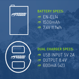 Nikon EN-EL14, EN-EL14a Battery (2-Pack) and Dual Charger by Wasabi Power