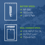 Sony NP-BX1, NP-BX1/M8 Battery (2-Pack) and Dual Charger by Wasabi Power